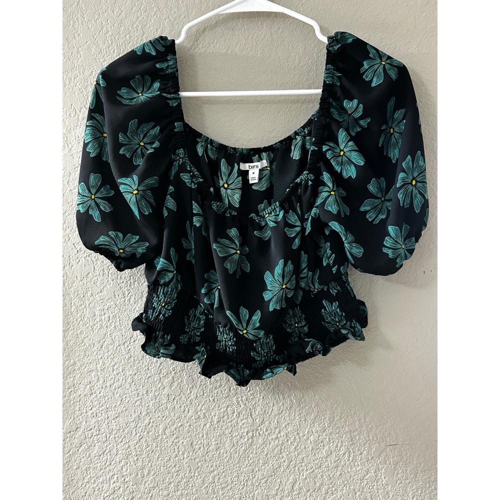 Bar III Womens Teal Floral Puff Sleeve Smocked Crop Top Blouse Black Size M